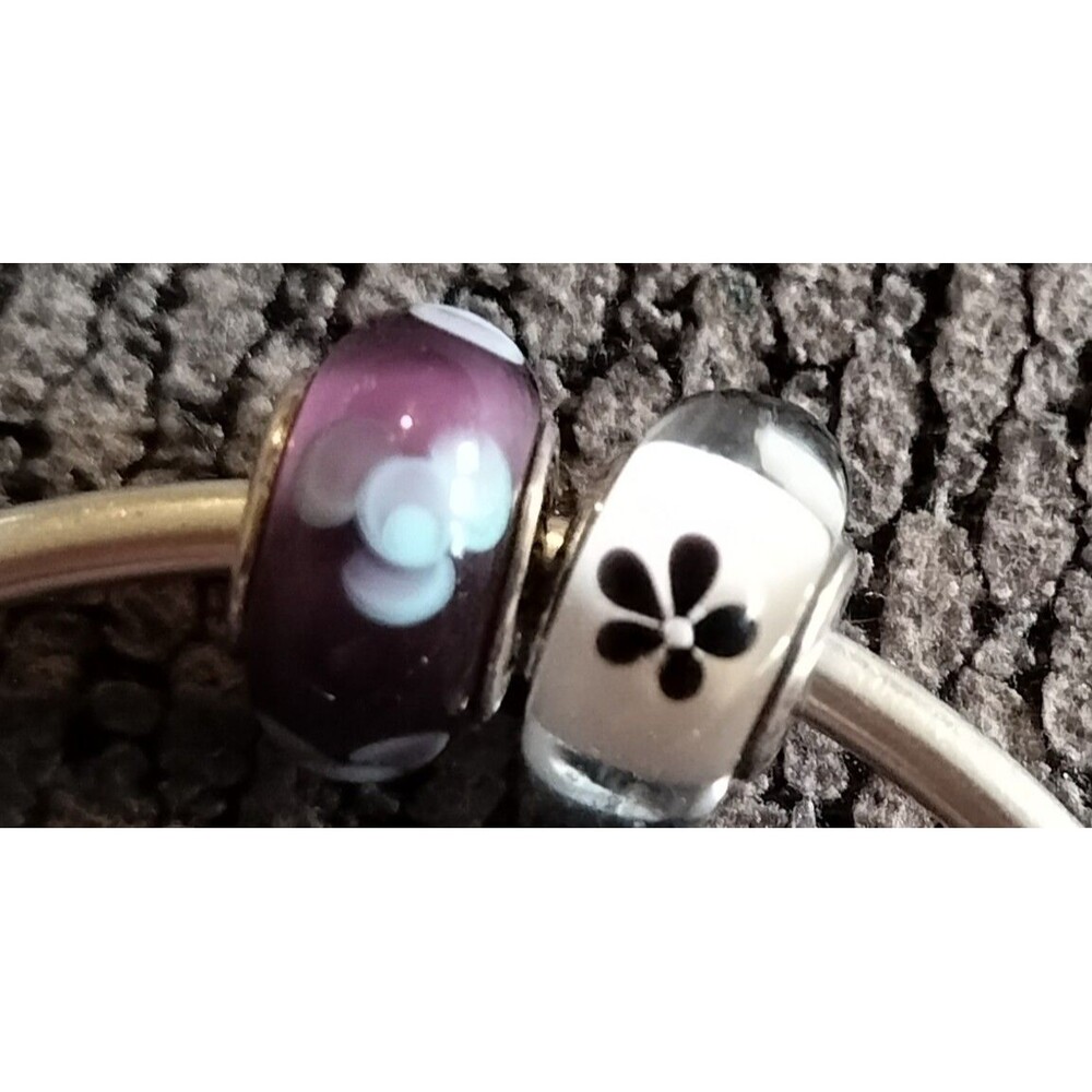 2 Pandora Murano Glass Bead Charm Purple Flowers For You & Black Cherry Blossom
